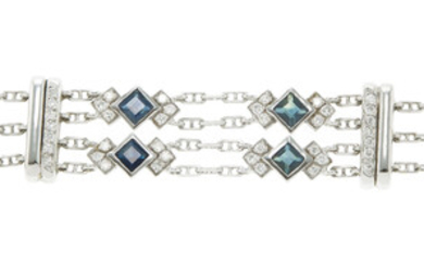 Bracelet multi-rangs or gris 750 serti de saphirs et de rubis taille carré ainsi que de diamants taille brillant