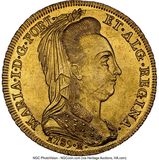 Brazil: , Maria I gold 6400 Reis (Peça) 1789-R MS64 NGC,...