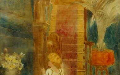 British School, late 19th century- Young girl looking inside a grandfather clock; oil on paper laid down on canvas, 25.5 x 17.5 cm.