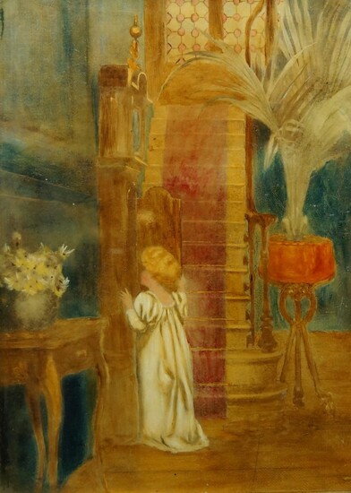 British School, late 19th century- Young girl looking inside a grandfather clock; oil on paper laid down on canvas, 25.5 x 17.5 cm.