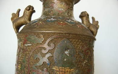Bronze Chinese Cloisonne Table Lamp with Foo Guard Dogs