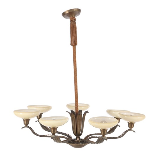 (-), Bronzen Art Deco 7-lichts hanglamp met glazen...