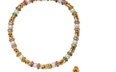 Bulgari Gold, Gem-Set and Cultured Pearl 'Gancio' Necklace and Pair of Gold and Rubellite 'Doppio Cuore' Earclips