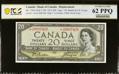 CANADA. Banque du Canada. 20 Dollars, 1954. BC-33bA. Replacement. PCGS Banknote Uncirculated 62 PPQ.