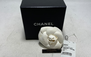 CHANEL WHITE LEATHER CAMILLIA ROSE BROOCH PIN