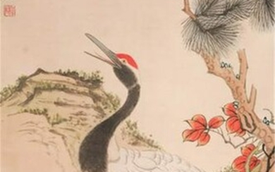 CHINESE PAINTING OF CRANE AND PINE BY SHEN QUAN
