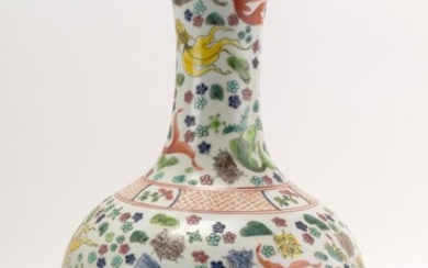CHINESE POLYCHROME PORCELAIN VASE In mallet form, with a fish and seagrass design. Six-character Kangxi mark on base. Height 16".