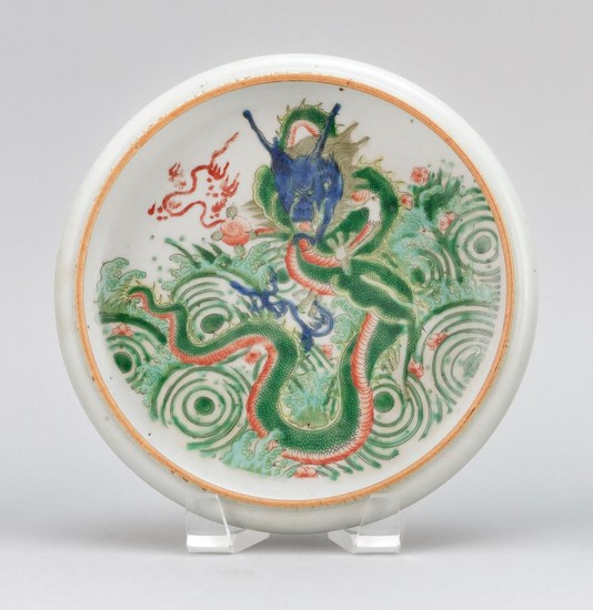CHINESE UNDERGLAZE BLUE AND FAMILLE VERTE PORCELAIN BOWL Inverted rim. Interior with bold four-clawed dragon design. Six-character K...