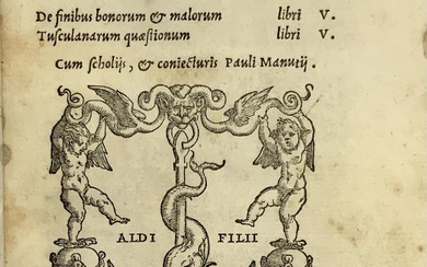 CICERONE, Marco Tullio. De philosophia prima pars, id est, Academicarum quaestionum... Venezia: apud Aldi Filios [Paolo Manuzio], 1546. 8vo (161x93mm).…