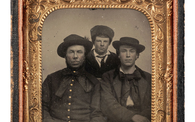 [CIVIL WAR]. Sixth plate tintype of three men of varying ages, incl. a possible Pennsylvania Bucktail.