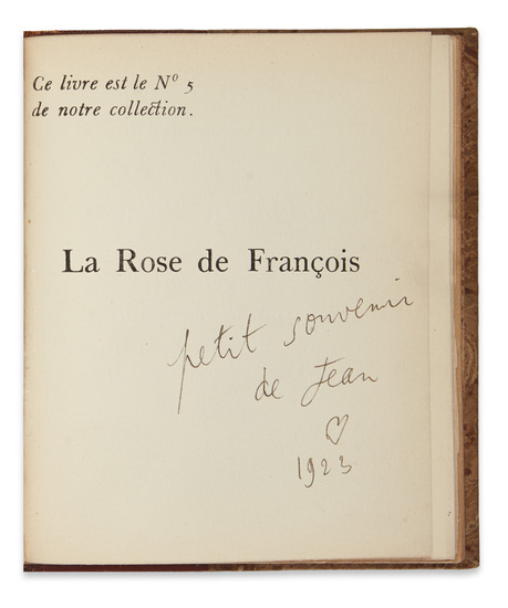 COCTEAU, JEAN. La Rose de François. 12mo, 1/4 brown morocco, extremities rubbed, front...