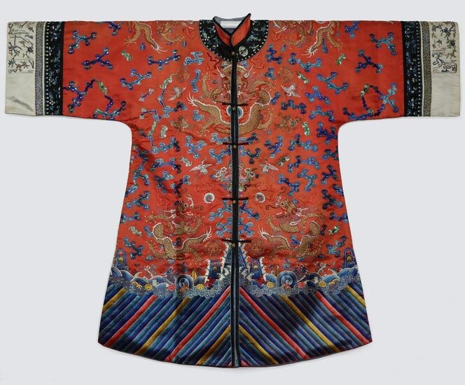 Red-Ground Embroidered 'Dragon" Silk Robe