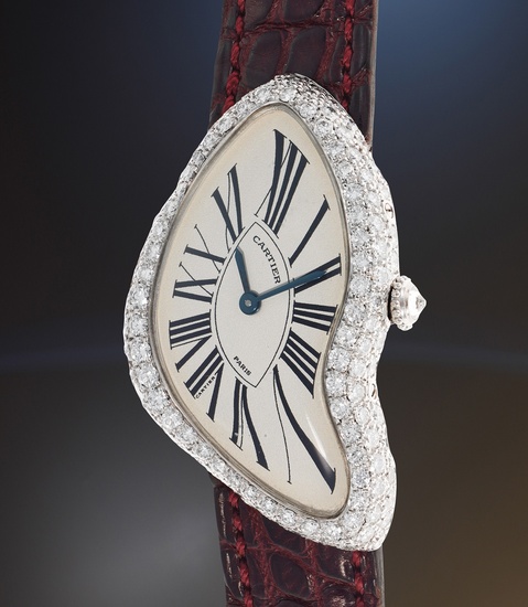 Cartier, A rare and exceptional white gold and pavé diamond-set asymmetric wristwatch