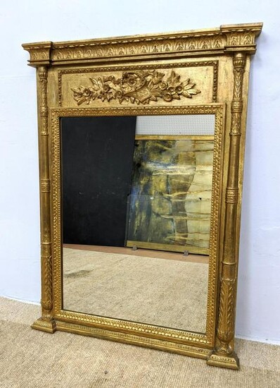 Carved Wood Gilt Painted Wall Mirror. Carved flower bas