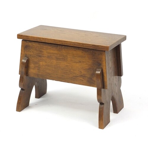 Carved oak stool with lift-up seat, 37cm H x 46cm W x 24cm D