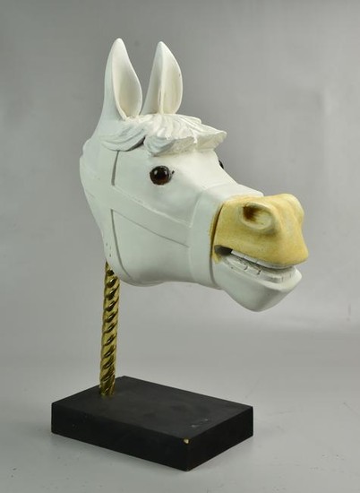 Carved wood Dare carousel horse head in primer, c1900