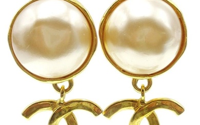 Chanel Artificial Pearl Dangle Earrings Clip-On Gold White 93P