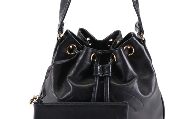 Chanel CC Drawstring Bucket Bag in Black Leather with Zip Pouch