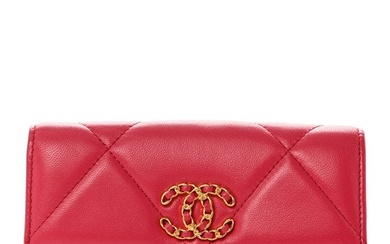 Chanel Shiny Goatskin Quilted Chanel 19 Flap Wallet Dark Pink