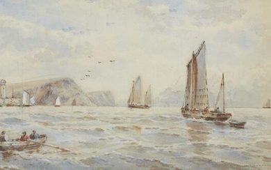 Charles Frederick Allbon ARE, British 1856-1926- Fishing boats off the coast of Cornwall; watercolour, signed, inscribed to the reverse,17.5 x 48 cm