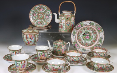 China, a Canton famille rose porcelain part coffee- and tea-service, ca. 1900
