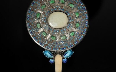 Chinese Enamelled Hand Mirror with Jade, Republic