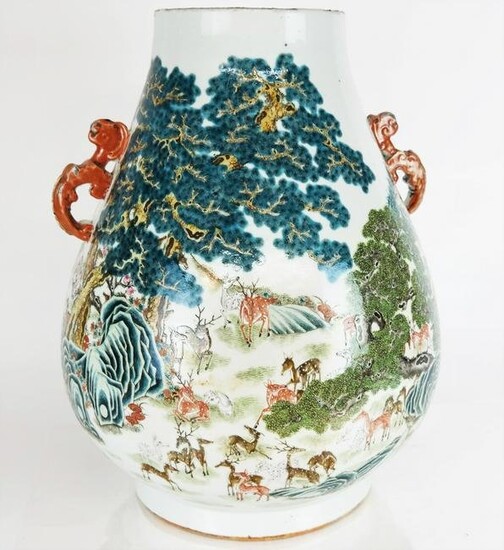 Chinese Famille Rose "Hundred Deer" Hu-Form Vase