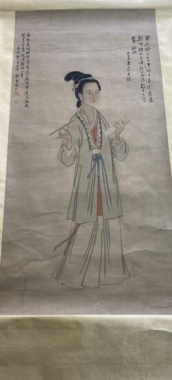 Chinese Ink Color Scroll Painting of Lady Portrait