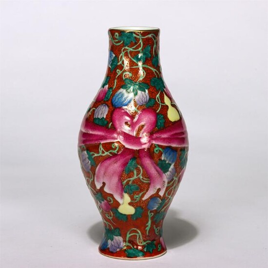 Chinese Red Ground Gold Painted Longevity Ribbon Vase
