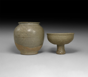 Chinese Tang Grey-Glazed Vase and Cup Group Tang Dynasty,...
