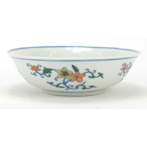 Chinese doucai porcelain shallow bowl hand painted with flow...