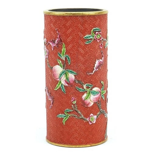 Chinese faux cinnabar lacquer porcelain vase hand painted in...