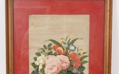 Chinese painting on pith paper of a vase of flowers, glazed frame
