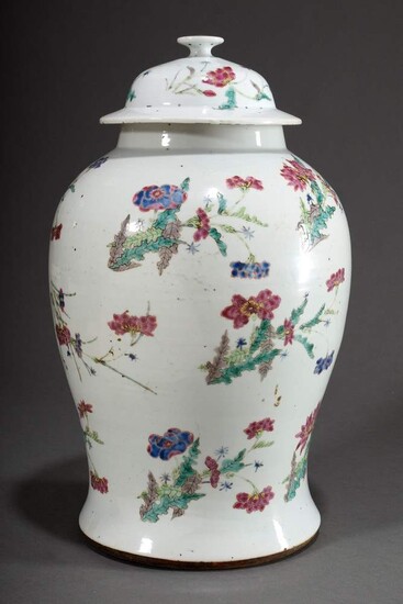 Chinese porcelain lidded vase with polychrome Famille Rose painting "Peonies", 19th century, h. 44cm, lid cracked, somewhat bumped