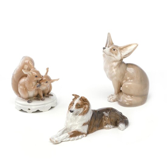SOLD. Christian Thomsen, Peter Herold: Three porcelain figures modelled in the shape of a desert fox, a dog and a pair of squirrels. (3) – Bruun Rasmussen Auctioneers of Fine Art
