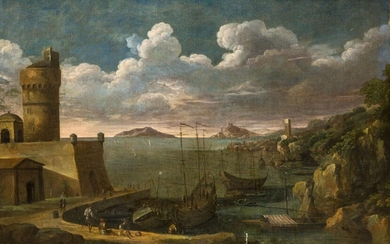 Circle of Agostino Tassi, Italian 1578-1644- Mediterranean harbour scene with shipping and a tower; oil on canvas, 94.5 x 141 cm. Provenance: Private Collection, UK. Note: Tassi was considered a master of perspective and was revered for his...