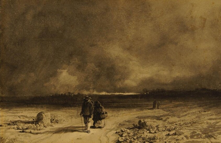 Circle of David Cox Snr OWS, British 1783-1859- Figures on a windswept path; brush and black ink and wash with scratching-out, 18 x 26 cm