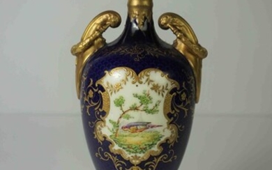Coalport Porcelain Vase, circa early 20th century, Having panels of Flowers and Birds on a blue