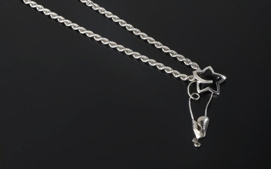 Articulated necklace in 18k white gold with twisted decoration holding two pendants in pendants, one pendant signed VIVIENNE WESTWOOD.
