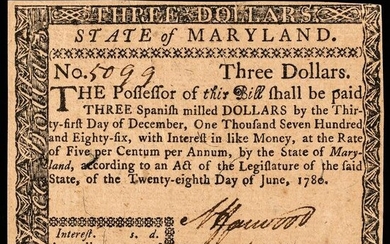 Colonial Currency, MD. June 28 1780 $3, Choice AU