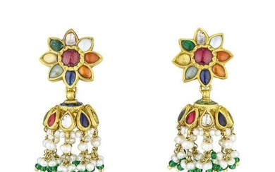 Colored Enamel and Seed Pearl Dangle Earrings