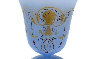 Continental Blue Opaline Hand Painted Glass Footed Chalice, circa 1930