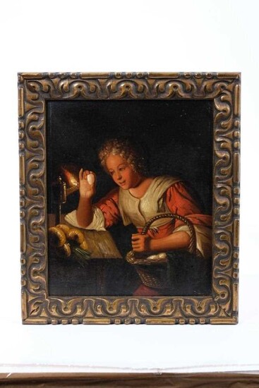 Continental School, 19th century oil on copper, studying an egg by lamp light, 20 x 17cm, framed