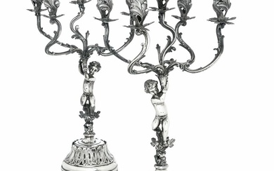 Coppia di candelabri di gusto neobarocco. Argenteria artistica italiana del XX secolo. Argentiere Goretta, Alessandria