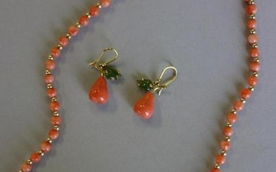 Coral & Gold Bead Necklace + Coral & Jade Earrings