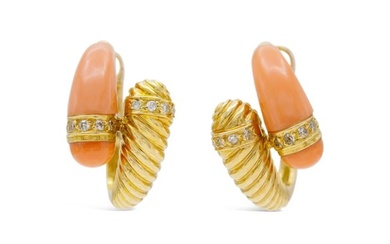 Coral and Gold Earrings with Diamonds
