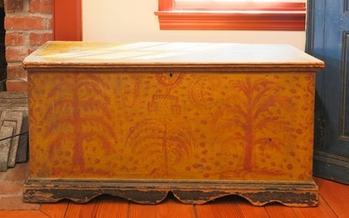 DECORATED BLANKET BOX WITH TREES.