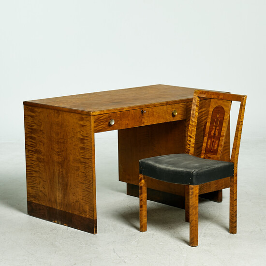 DESK, and CHAIR , Art deco, 1920s / 30s, marquetry details, birch.