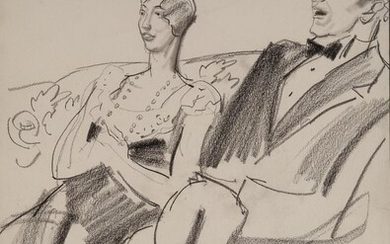 Dame Laura Knight RA RE RWS, British 1877-1970 - Couple celebrating Christmas, 1932; charcoal on paper, signed with initials, dated and inscribed lower right 'hi! Xmas 1932 Compton Park L.K.', 36.5 x 26.5 cm (ARR)