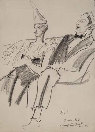 Dame Laura Knight RA RE RWS, British 1877-1970 - Couple celebrating Christmas, 1932; charcoal on paper, signed with initials, dated and inscribed lower right 'hi! Xmas 1932 Compton Park L.K.', 36.5 x 26.5 cm (ARR)